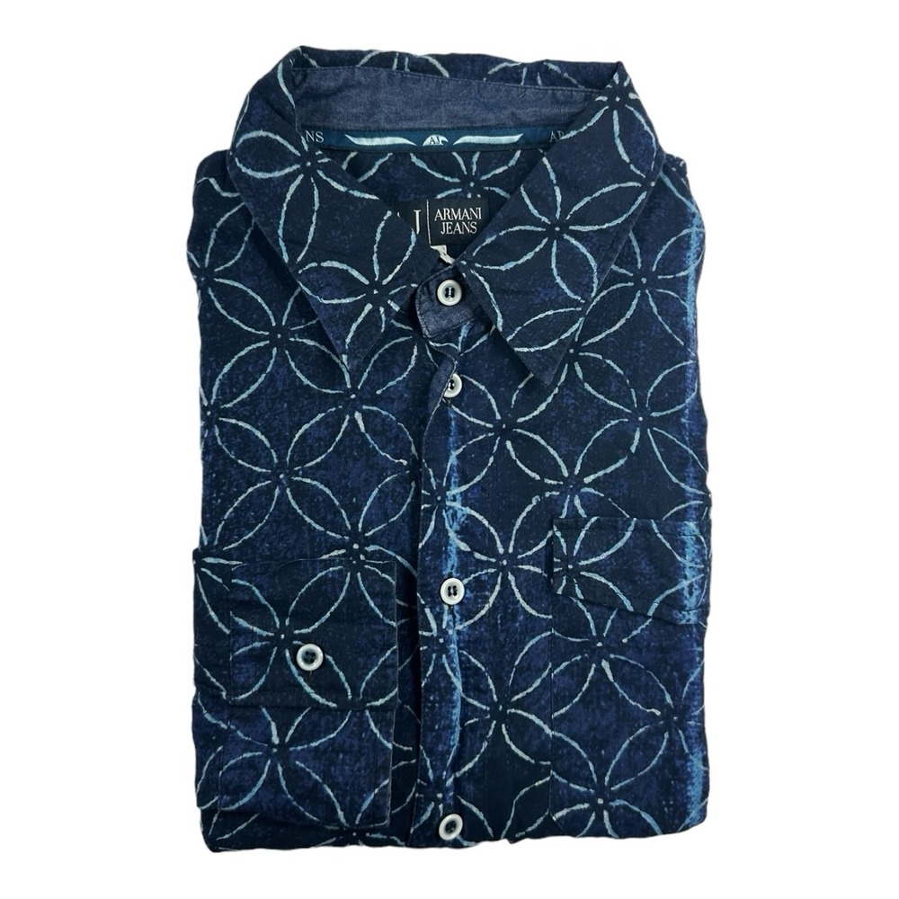 Armani Jeans Blue Floral Indigo Lightweight Cotton Mens Button Front Size Small